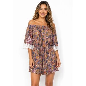 New GIGIO M 8 10 Pull-on Rayon Gauze Floral Lavender Crochet Sleeve Romper